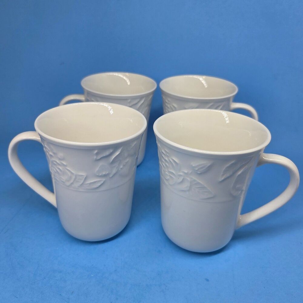 Martha Stewart Vintage Rose Set Of 4 White Coffee Mugs EUC